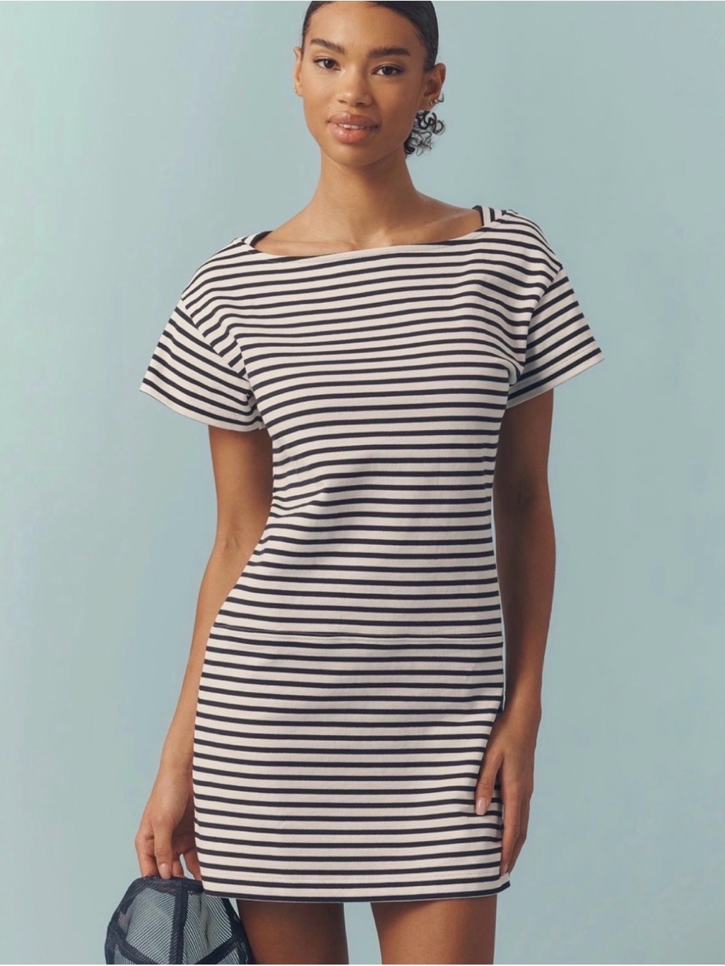 Nation Los Angeles Striped Boatneck T-Shirt Dress In Navy And White.